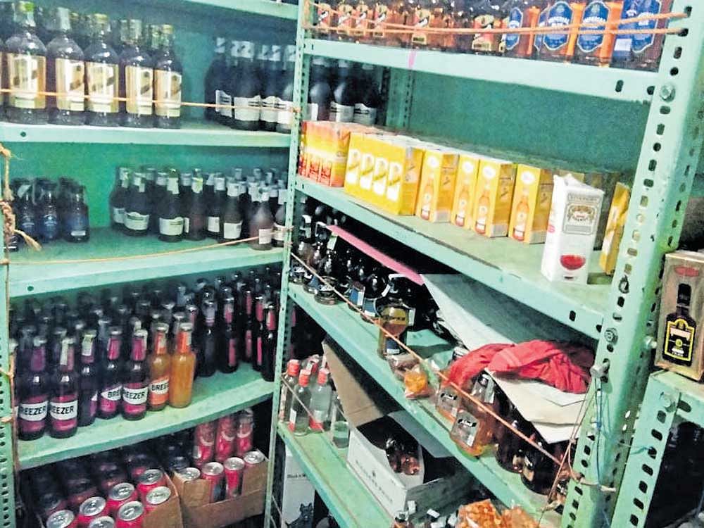 The interior of a wine shop located on one of the highways in Hassan district. As per the Supreme Court order, the owners of liquor outlets on state and national highways have to  relocate their shops by June 30, failing which their excise  licence will be cancelled.