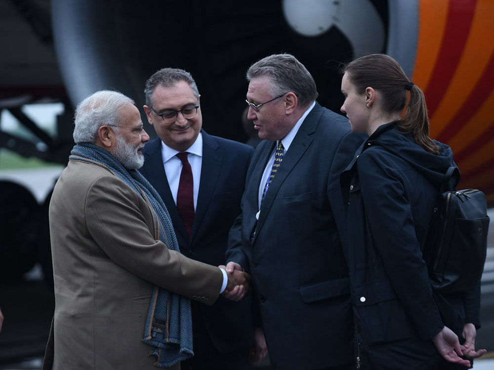 Narendra Modi met with Russian leadership in the city of Saint Petersburg as part of his four-nation tour to bolster investment in India. Photo credit: twitter/narendramodi