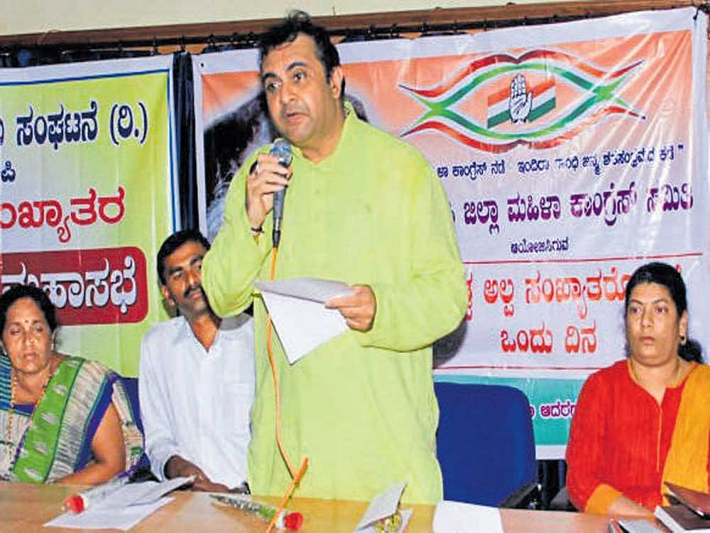 District in-charge Minister Pramod Madhwaraj addresses a gathering after inaugurating a programme on transgenders in Udupi recently. DH photo