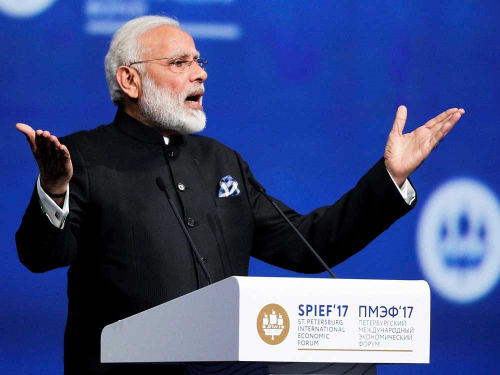 India's Prime Minister Narendra Modi addresses the St. Petersburg International Economic Forum in St.Petersburg, Russia. AP/PTI