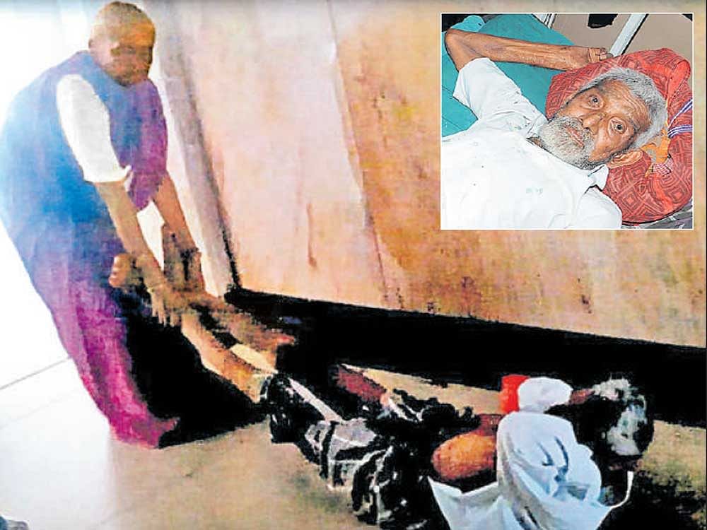 A video grab of Famida Banu dragging her ailing husband, Ameer Sab (inset), on the floor of McGann Hospital in  Shivamogga.