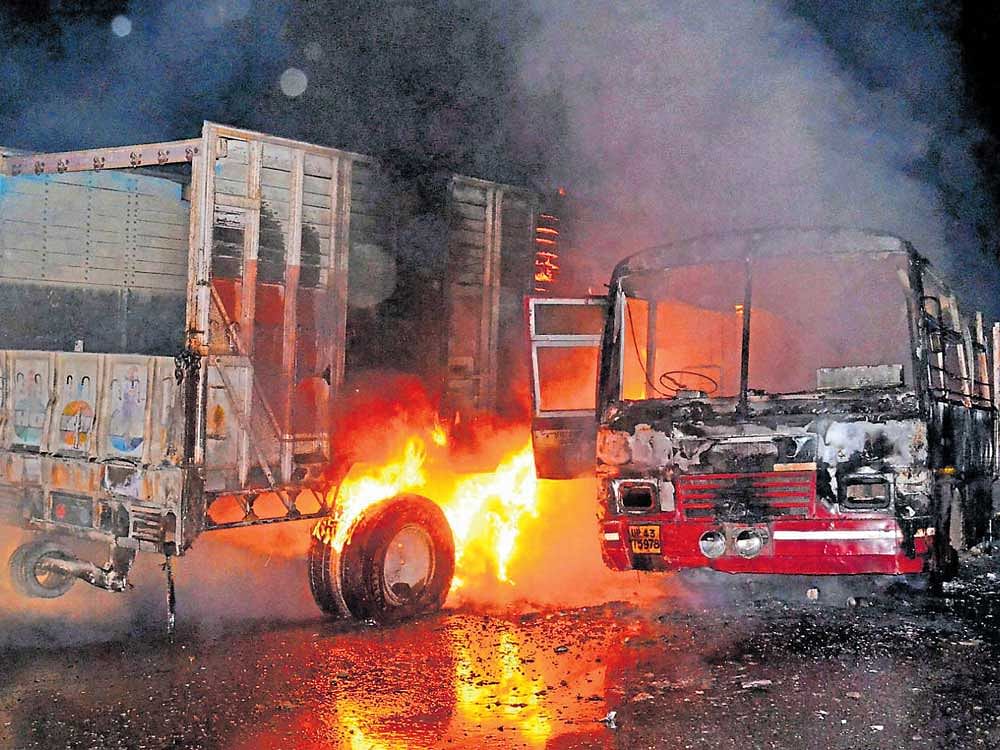 wreckage: The Uttar Pradesh roadways bus which went up in flames after it collided with a truck on National Highway 24 in Bareilly on Sunday night. PTI