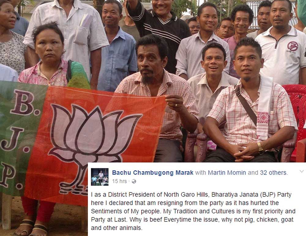 The North Garo Hills district BJP president, Bachu Marak, had yesterday resigned from the party over the Centre's ban on the sale of cattle in markets for slaughter. Facebook