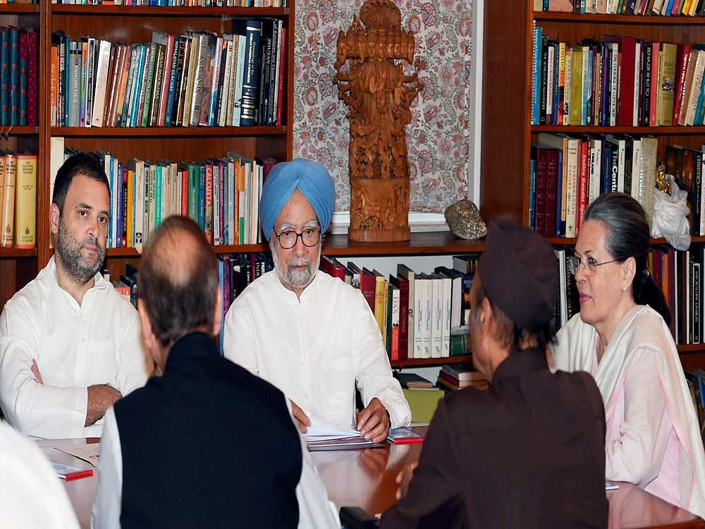 Former Prime Minister Manmohan Singh, Congress president Sonia Gandhi, party vice-president Rahul Gandhi and other leaders during the Congress Working Committee (CWC) Meeting at 10 Janpath in New Delhi on Tuesday. PTI Photo