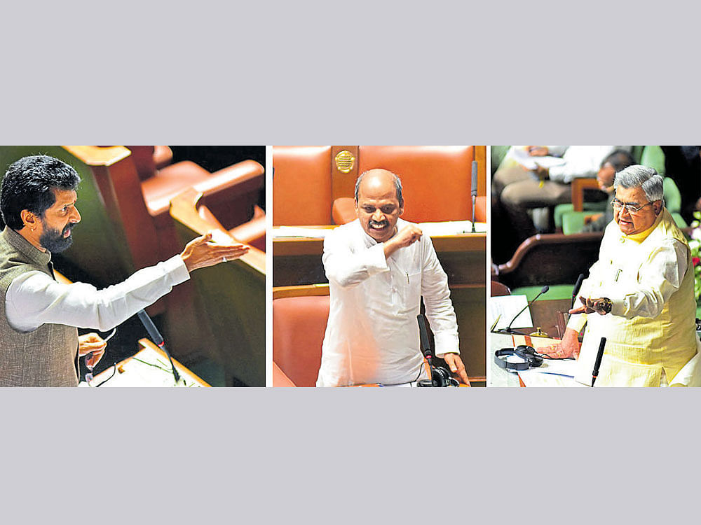 Speaker K&#8200;B&#8200;Koliwad (extreme right) pacifies BJP&#8200;member C&#8200;T&#8200;Ravi and Medical Education Minister Sharan Prakash Patil who indulged in a heated argument over the McGann hospital  incident, in the Legislative Assembly on Tuesday. DH Photo