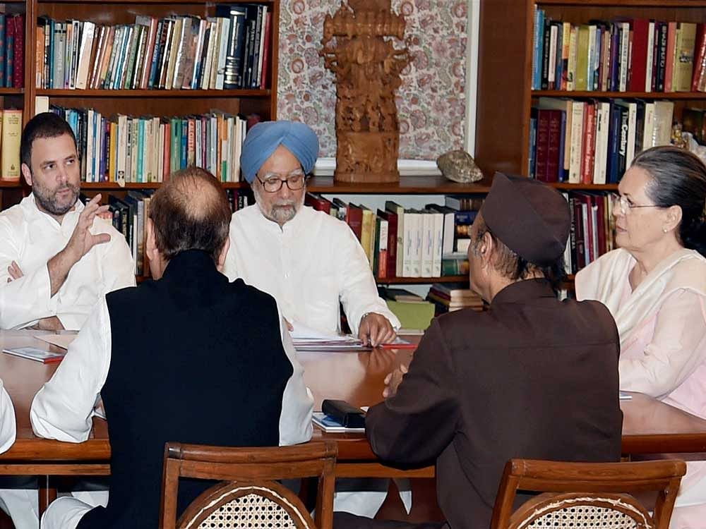 (From left) Congress vice president Rahul Gandhi, former prime minister Manmohan Singh, party president Sonia Gandhi  and other leaders during the Congress Working  Committee meeting in New Delhi on Tuesday. PTI