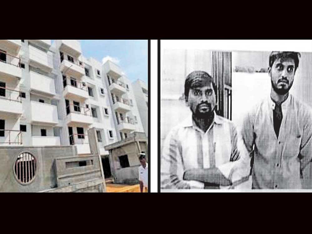 Honey Dew Apartment in Akshaya Nagar from where Milton Halder fell to his death. The  suspects - Kondareddy and Mohammed Habib (construction workers). DH Photos