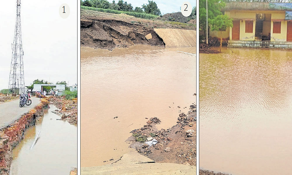 1. A damaged road in Kurugodu, Ballari district. 2. A bridge connecting Kaladagi with Bagalkot was washed away in flood water. 3. Rainwater stagnates  in front of the forest department office in Afzalpur, Kalaburagi district. DH photos