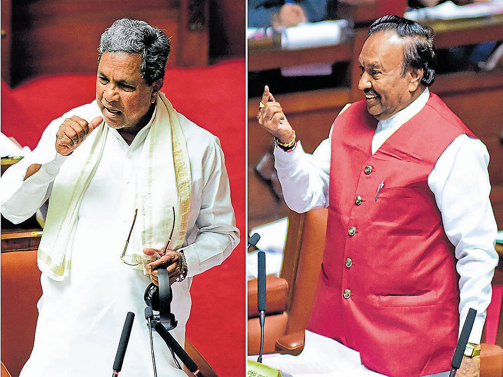 Chief Minister Siddaramaiah and Leader of the Opposition K&#8200;S&#8200;Eshwarappa during a discussion on prohibition in the Legislative Council on Thursday. DH&#8200;Photos