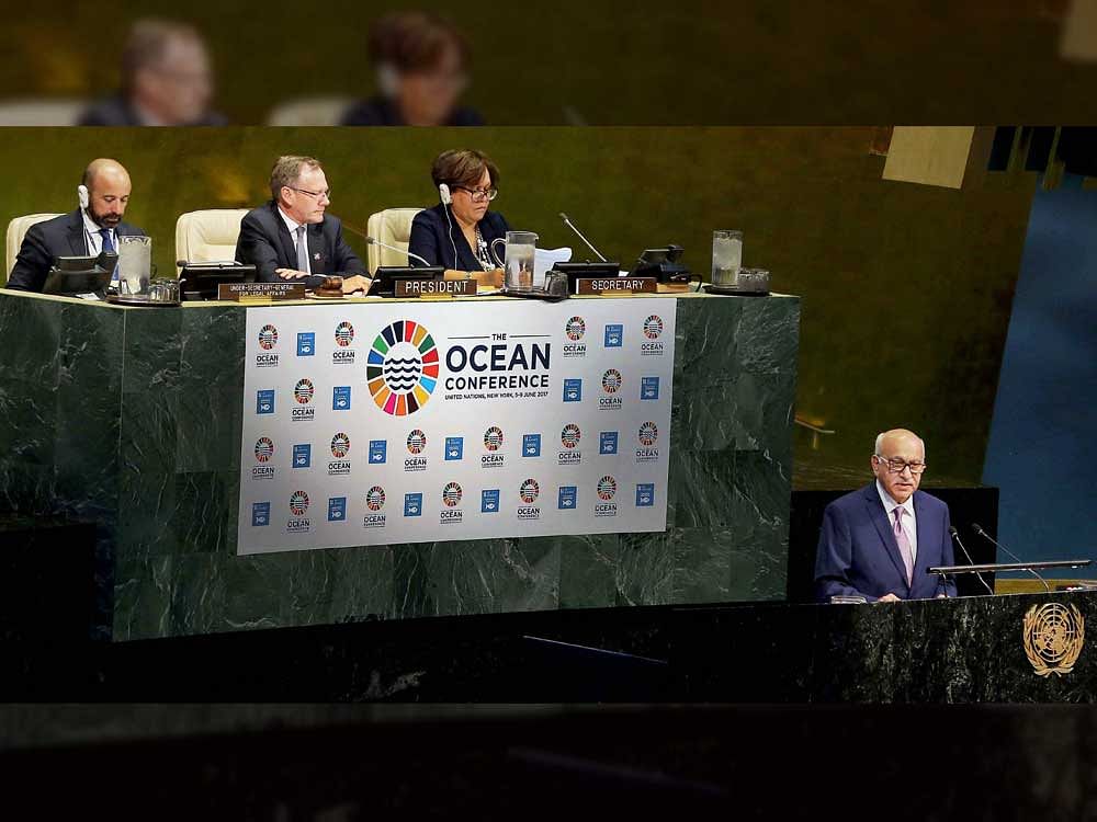 Minister of State for External Affairs M J Akbar addresses the Ocean Conference at the UN General Assembly in New York on Thursday. PTI Photo