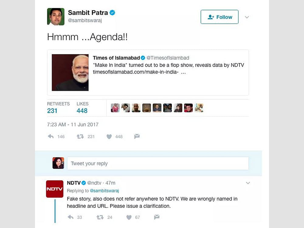 Sambit Patra tweeted an incorrect news article to get back at NDTV for sending him out of an interview.