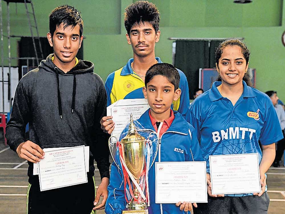 Champions Winners of the 49th Canara Union State-ranking table tennis tournament: From left: Neeraj Raj (junior boys), Rakshith B (men and youth), Marcose Gigu (sub-junior boys),  Kushi V (junior, youth and women). DH PHOTO