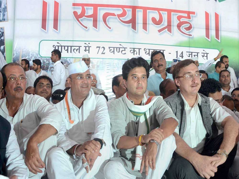 Congress leader Jyotiraditya Scindia today launched a 72-hour 'satyagraha' here in support of farmers. AP, PTI Photo