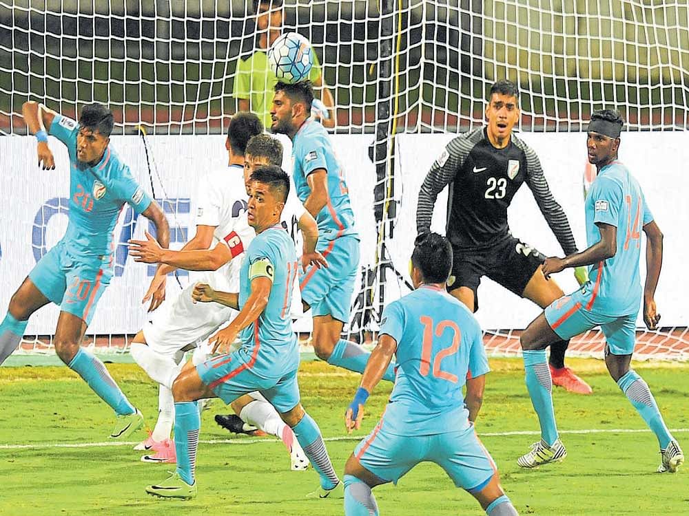 Rock solid: India's Gurpreet Singh Sandhu (second from right)&#8200;has been one of the standout performers in India's good show in recent games. dh Photo/ Srikanata sharma r