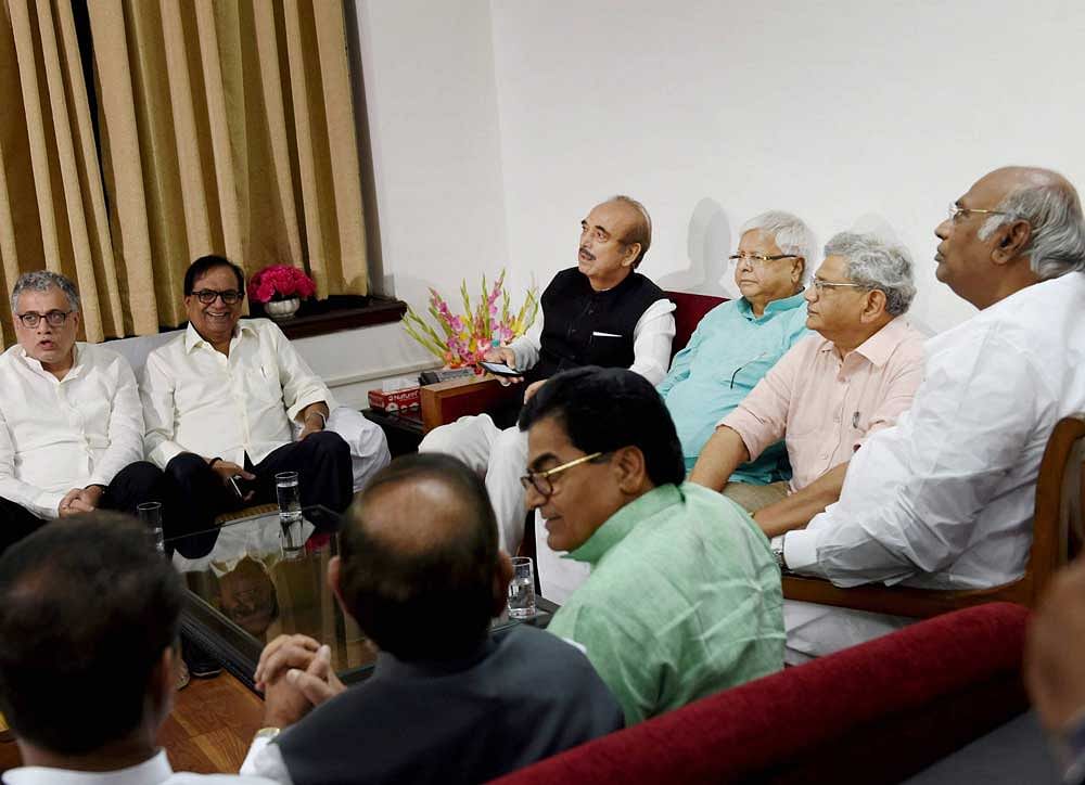 Senior Congress leaders Ghulam Nabi Azad and Mallikarjun Kharge, CPI(M) General Secretary Sitaram Yechury, RJD leader Lalu Prasad, Samajwadi Party's Ramgopal Yadav and NCP's Praful Patel and other opposition leaders in a meeting to discuss the strategy for the upcoming Presidential elections, in New Delhi on Wednesday. PTI Photo