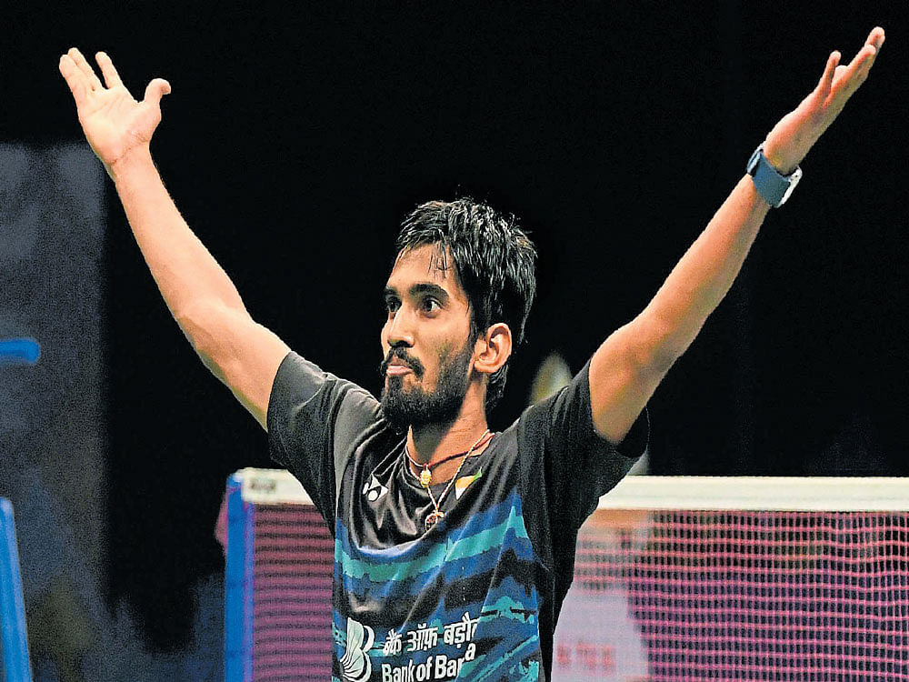 India's Kidambi Srikanth exults after beating Kazumasa Sakai of Japan in the final of the Indonesia Open on Sunday. AFP Photo