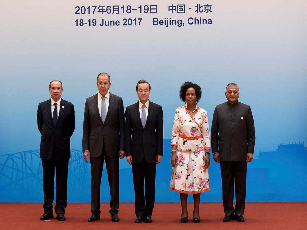 From left, Brazil's Foreign Minister Aloysio Nunes,Russia's Foreign Minister Sergey Lavrov, China's Foreign Minister Wang Yi, South Africa's Foreign Minister Maite Nkoana-Mashabane and Indian External Affairs Minister Vijay Kumar Singh pose before the opening of the BRICS foreign ministers meeting in Beijing Monday, June 19, 2017. The meeting is being held in advance of the annual BRICS Summit in Xiamen, in September 2017. AP/PTI Photo