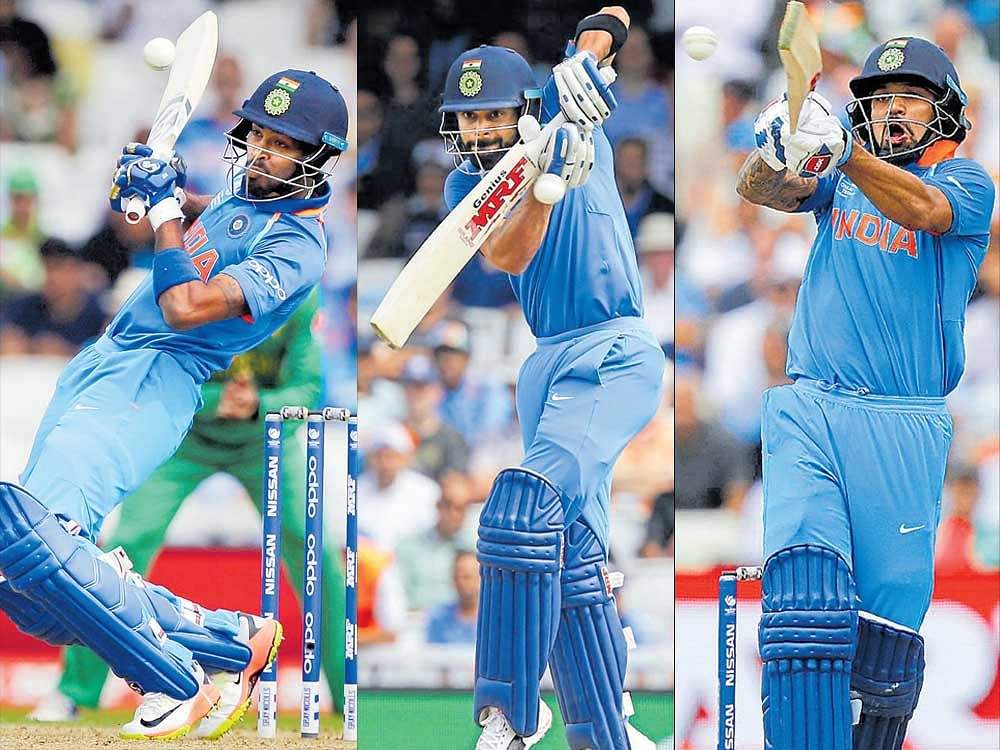 some positives: Hardik Pandya, skipper Virat Kohli and Shikhar Dhawan produced some inspiring performances as India made their second successive Champions Trophy final. AFP/ap-pti