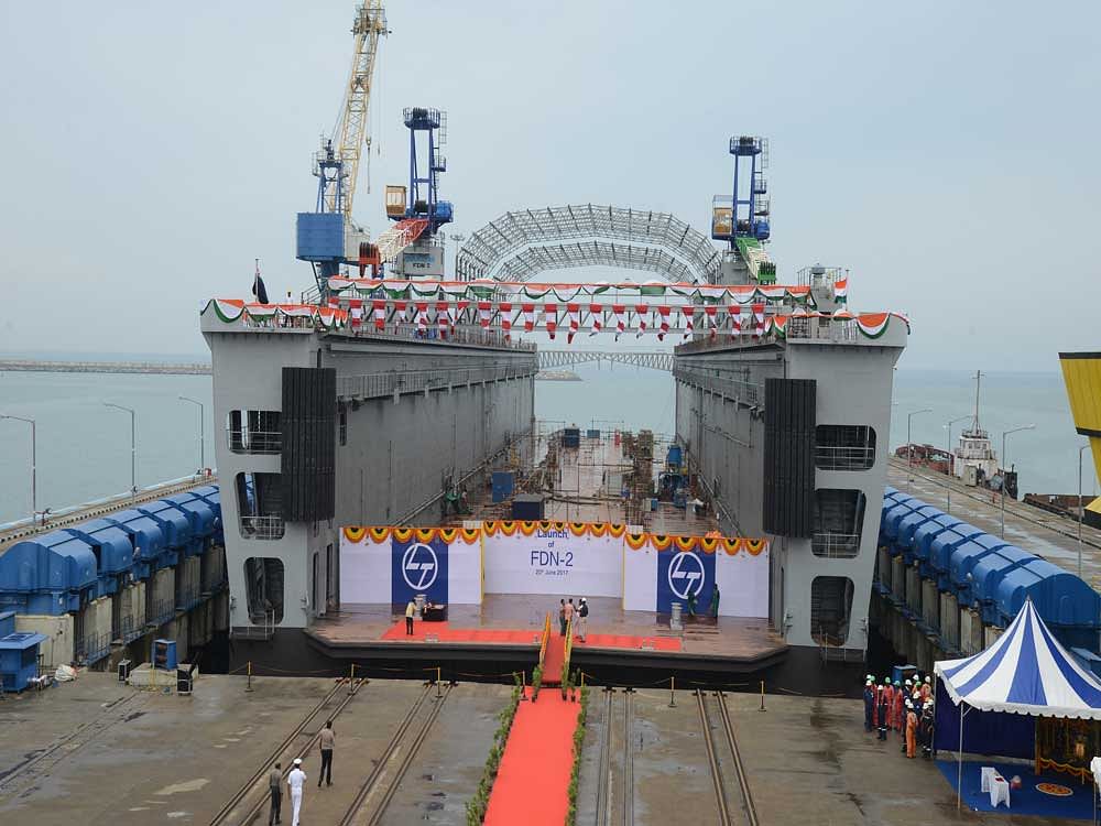 The Floating Dock was formally lowered into the waters of the Bay of Bengal. L&T was mandated by the Ministry of Defence in May 2015 to design and build the FDN-2 for an order value of Rs. 468 Crores. Deccan Herald photo