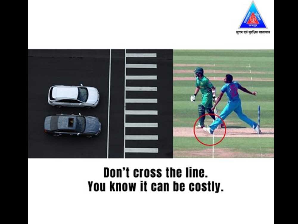 In a novel idea Traffic Police in Jaipur has used Indian cricketer Jasprit Jasbirsingh Bumrah's infamous 'no ball' in ICC Champions Trophy 2017 final for spreading road safety and traffic awareness on its official Twitter handle. Picture courtesy Twitter