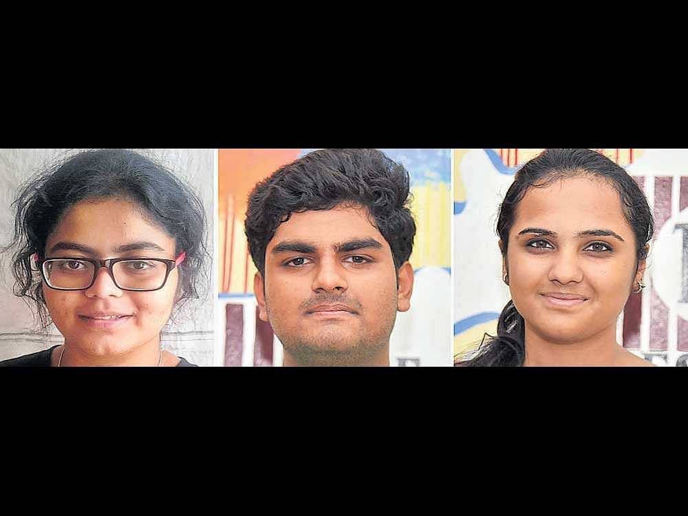 National Aptitude Test in Architecture toppers Jahnavi (first rank), Abhinav (second rank) and Akshita (third rank). dh Photo