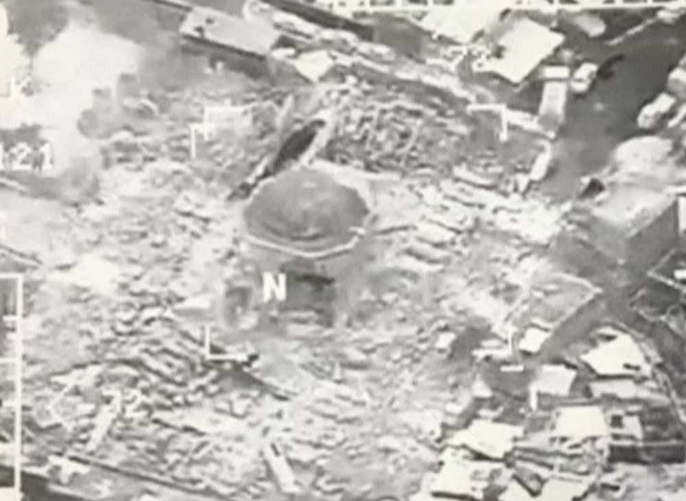 A still image taken from video shows a close up of the the destroyed Grand al-Nuri Mosque of Mosul in Iraq, June 21, 2017. Iraqi Military Handout/via Reuters