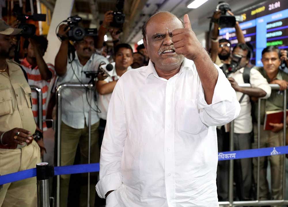 Karnan, who had been evading arrest since May 9 after the Supreme Court awarded a six-month jail term, was arrested on the night of June 20 by a team of West Bengal CID from a private resort at Malumichampatti, about six km from Coimbatore, where he was hiding for the past few days. PTI file photo.