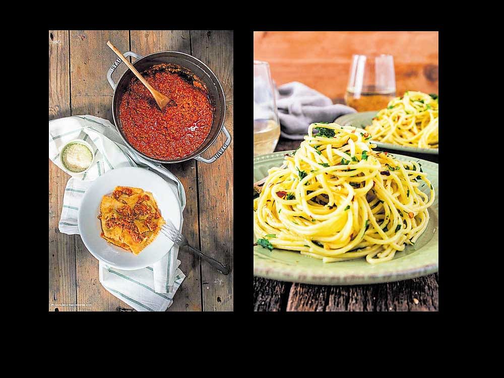 exotic fare 'Handmade pasta filled with lamb' and (right) 'Parsley linguine with olive oil and red chilli'.