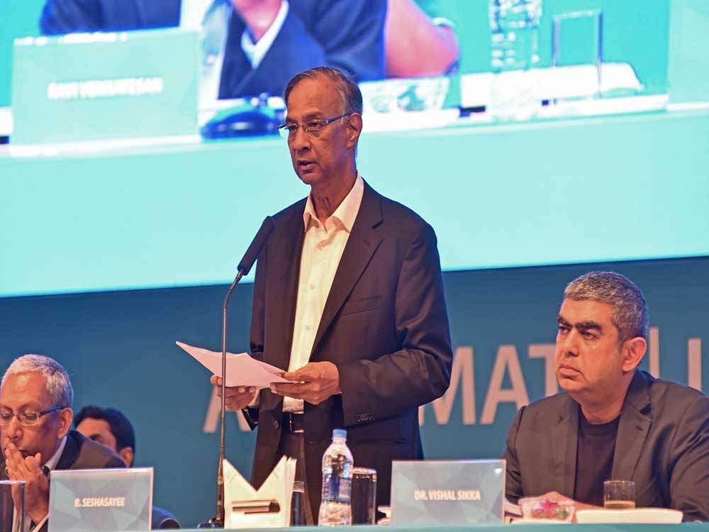 R Seshasayee, Chairman Infosys speaking at Infosys 36th Annual General Meeting at Christ College Auditorium in Bengaluru on Saturday. Ravi Venkatesan, Co Chairman and Vishal Sikka, Chief Executive Officer Infosys are seen. DH Photo by S K Dinesh