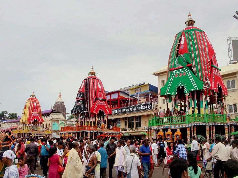 The chariots of Lord Jagannath, Lord Balabhadra and Debi Subhadra are all decked up on the eve of Rath Yatra festival, in Puri on Saturday. PTI Photo