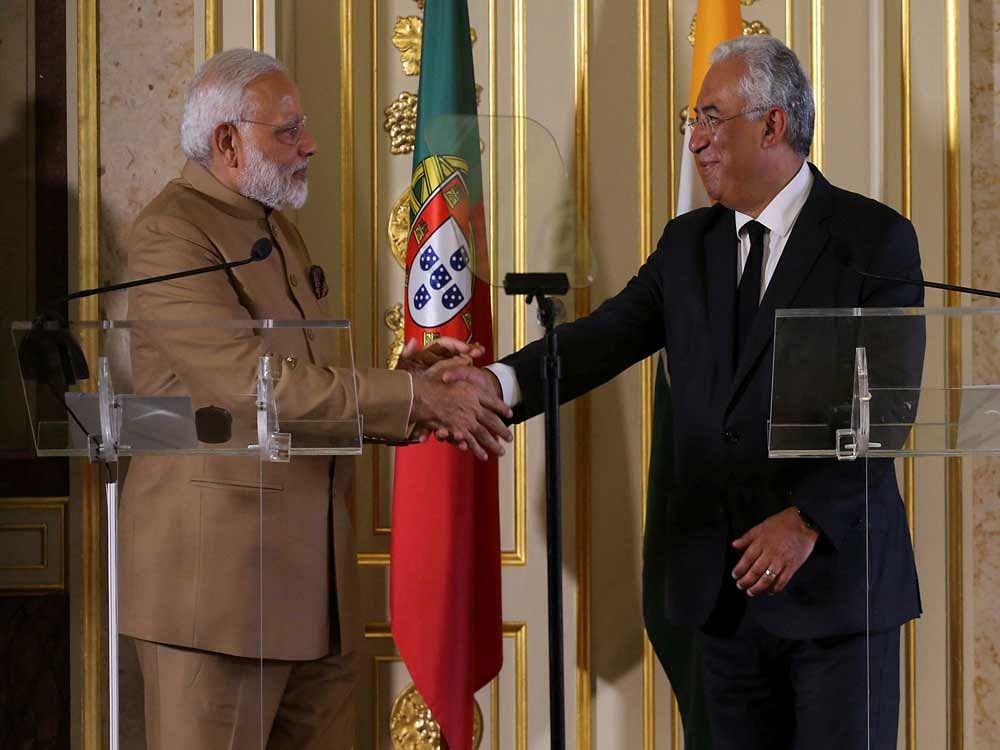 India's Prime Minister Narendra Modi, left and Portuguese Prime Minister Antonio Costa shake hands after a joint statement at the Necessidades Palace, the Portuguese Foreign Ministry in Lisbon, Portugal, Saturday June 24, 2017. Modi is on a one day visit to Portugal.AP/ PTI