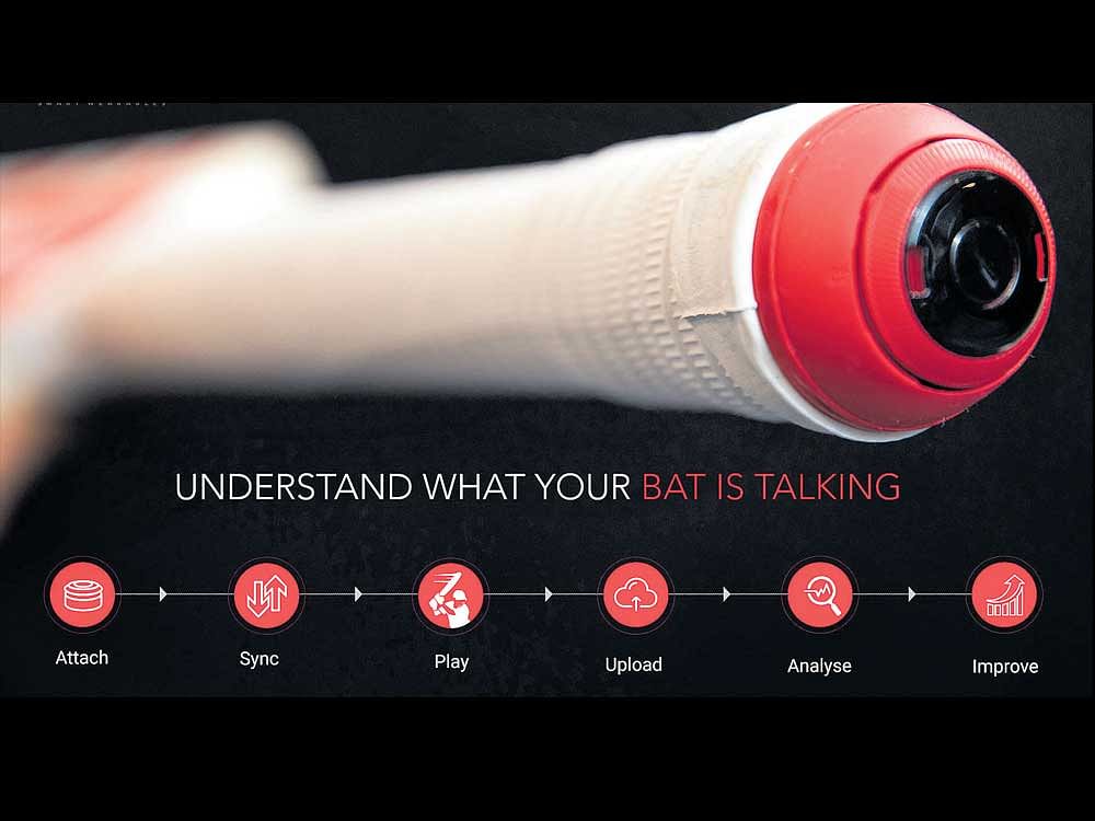 Bat Sensor, fixed on top of the bat handle, measures bat speed, backlift angle, follow through among other data that help in analysing one's technique.