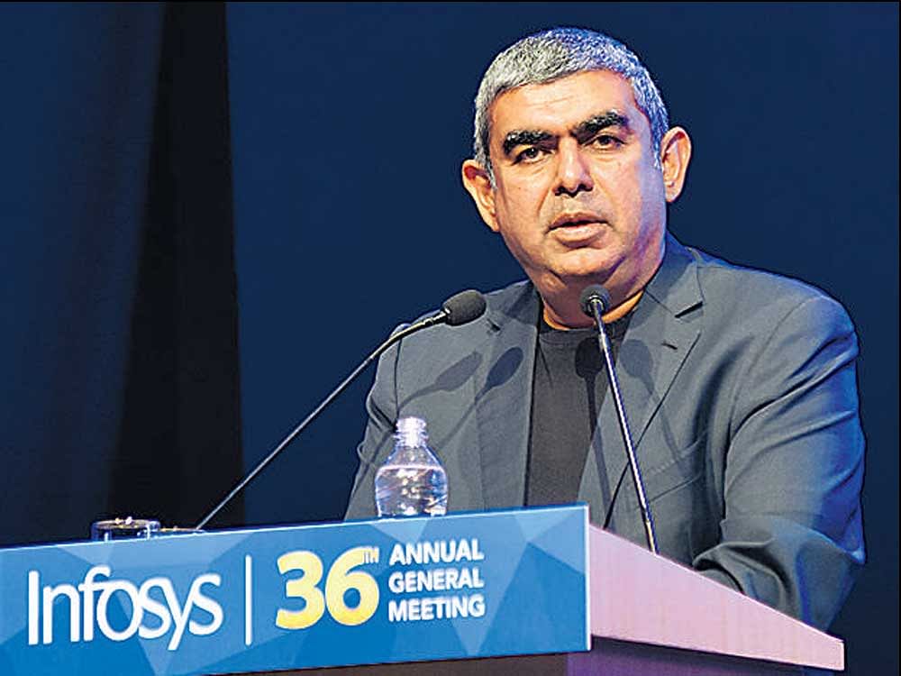 Infosys CEO & MD Vishal Sikka speaks at the company's 36th Annual General Meeting in Bengaluru on Saturday. DH&#8200;Photo