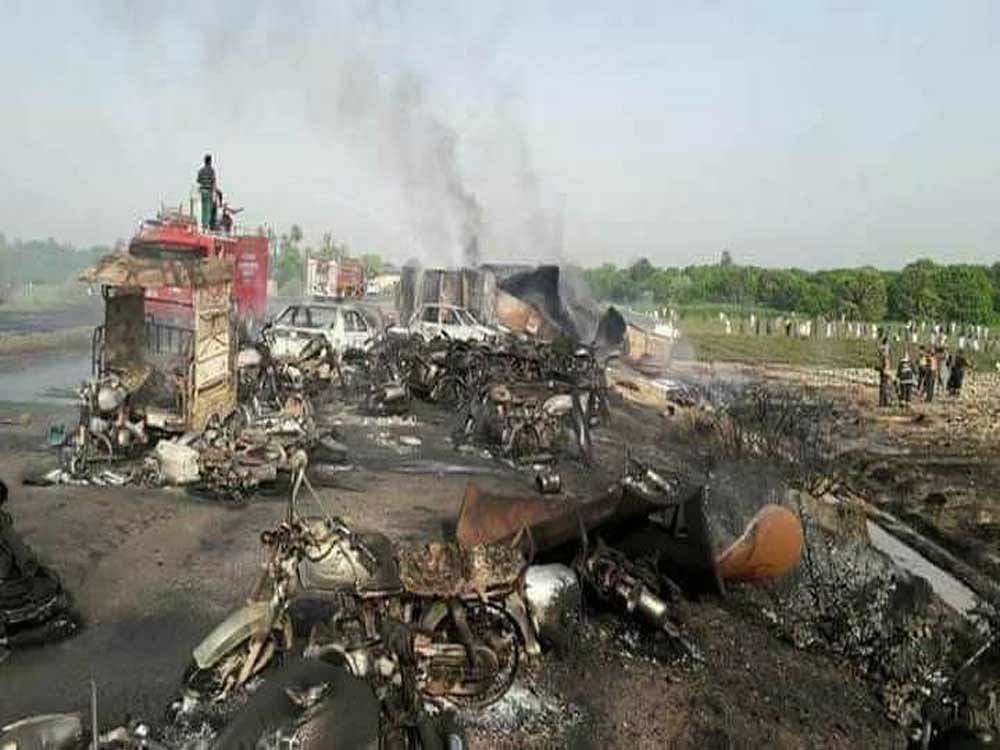 An oil tanker caught fire and exploded, killing around 100 people in Pakistan's Punjab province. Picture courtesy Twitter