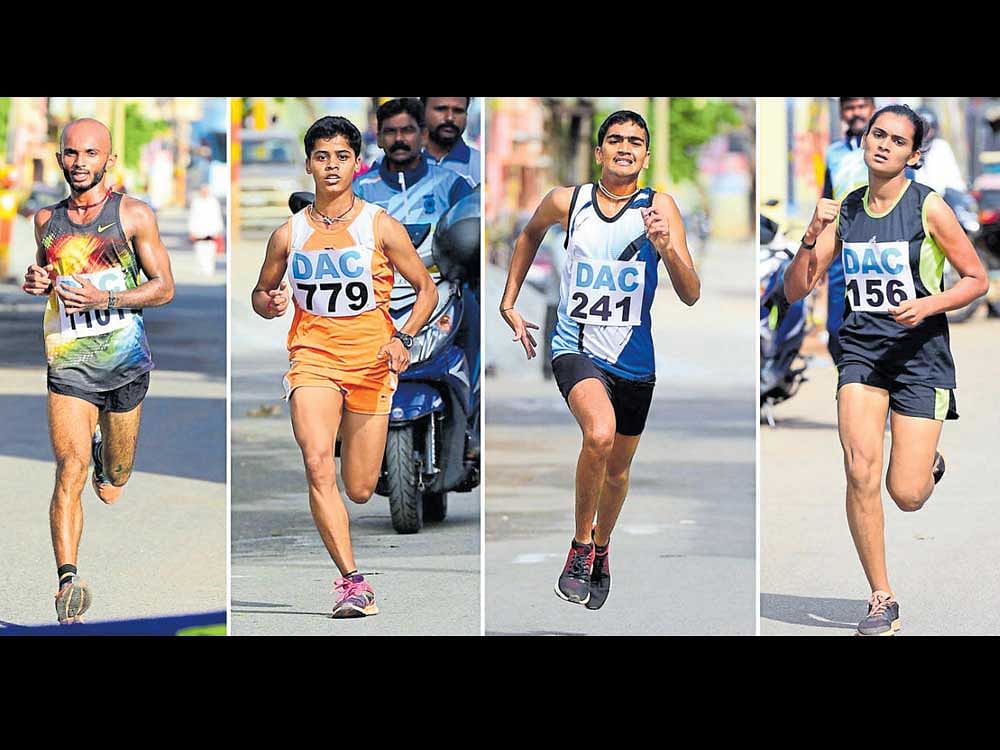 (From left) Anil Kumar (men's 12km), R Usha (women's 6km), S Tejas (boys' 2.5km) and Arpitha E B (girls' 2.5 km), winners of the respective categories in the K A Nettakallappa Memorial Road Race in Chickaballapur on Sunday. dh photo