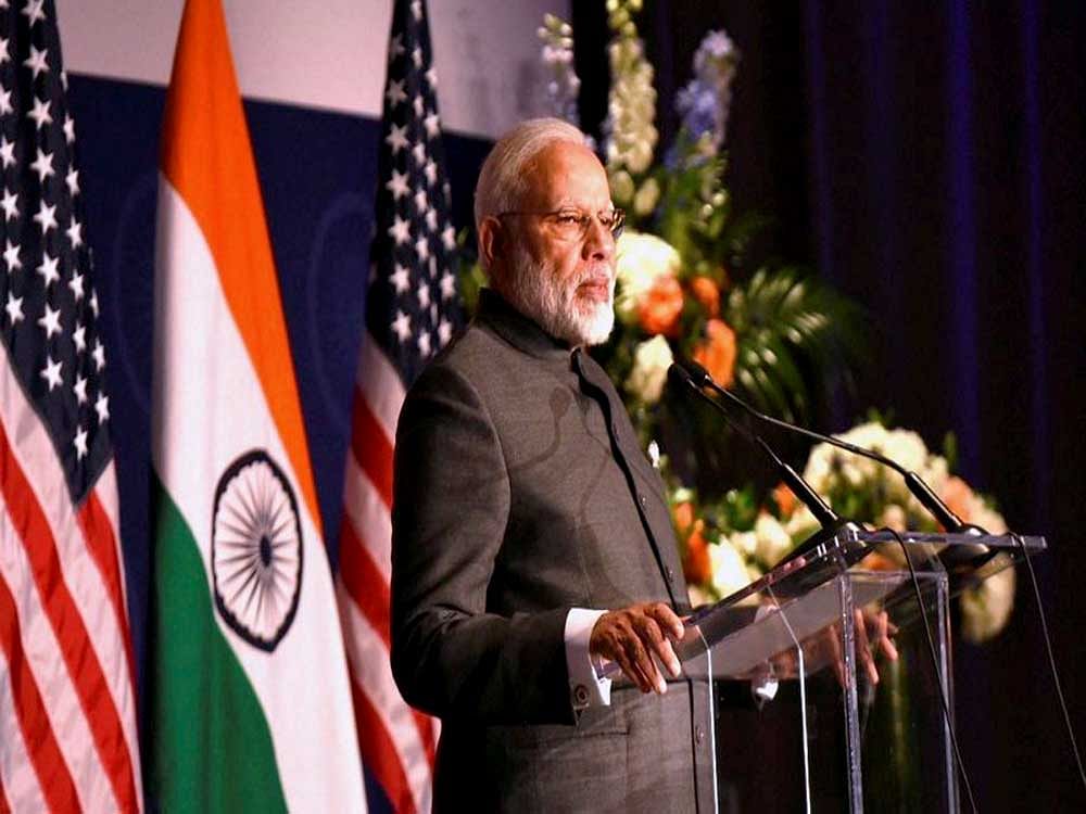 Prime Minister Narendra Modi addressing the United States Community Reception in Washington DC, USA on Sunday. PTI Photo