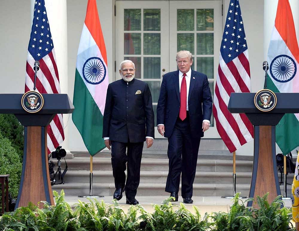 Prime Minister Narendra Modi meeting the President of United States of America (USA), Donald Trump, at the Joint Press Statement, at White House, in Washington DC, USA on Tuesday.PTI Photo /PIB