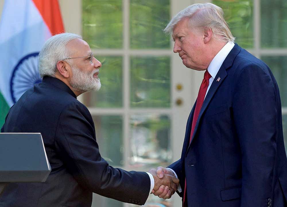 President Donald Trump and Indian Prime Minister Narendra Modi shake hands after making statements in the Rose Garden of the White House in Washington, Monday, June 26, 2017.AP/PTI