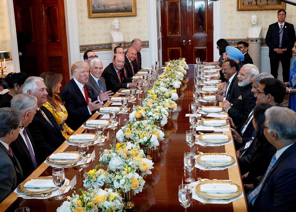 President Donald Trump speaks during a dinner with Indian Prime Minister Narendra Modi at the White House, Monday, June 26, 2017, in Washington. AP/PTI