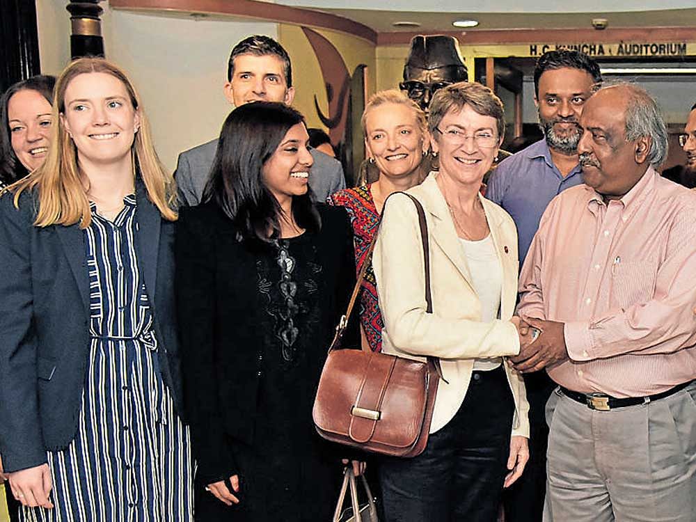 (Fourth from left)&#8200;B.PAC secretary K Jairaj greets Australian MLC&#8200;Sally Talbot, at  an interactive session at Bharatiya Vidya Bhavan on Thursday. MLA N&#8200;A&#8200;Haris and others are seen. dh Photo