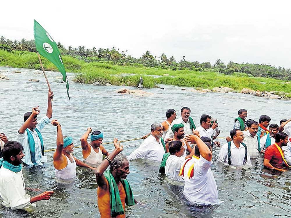 Farmers stage a protest against releasing water to Tamil Nadu, by getting into river Cauvery, at Srirangapatna, Mandya district on Friday. DH&#8200;photo