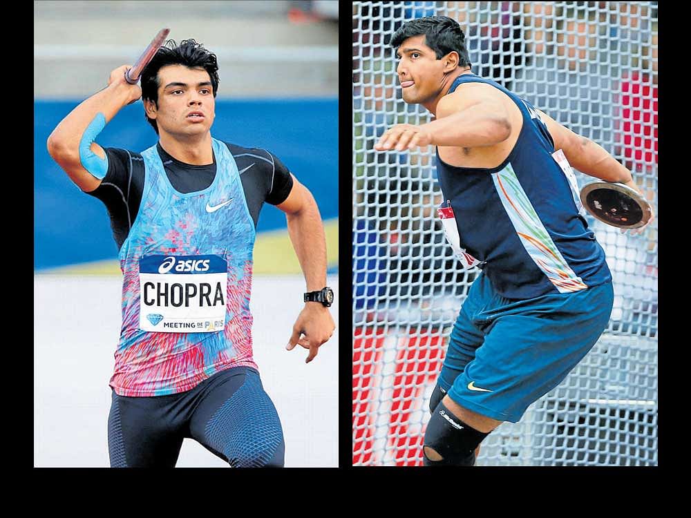 Javelin thrower Neeraj Chopra (left) and discus thrower Vikas Gowda will be India's medal hopes. REUTERS/PTI