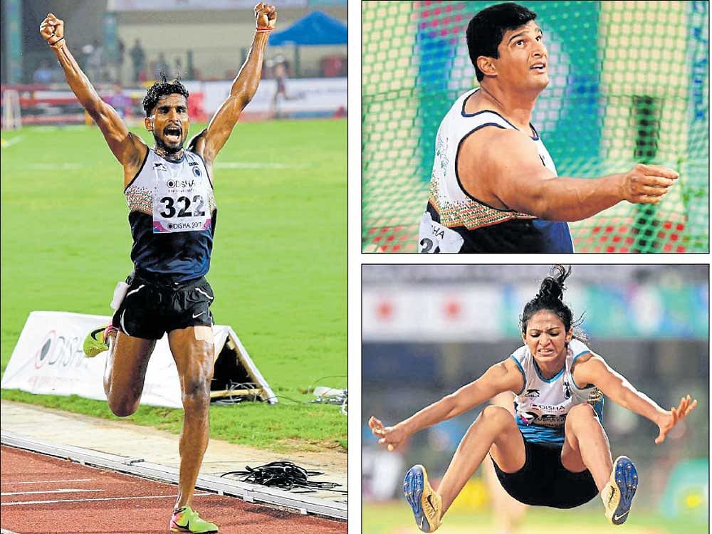 Steaming ahead: Clockwise (from left): India's G Lakshmanan won gold in the men's 5000M at the 22nd Asian Athletics Championship. Vikas Gowda and Neena V clinched bronze and silver medals in Discus throw and Long jump respectively. PTI