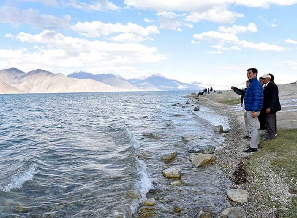 Tibetan leader Lobsang Sangay on the bank of Pangong lake. COURTESY: Central Tibetan Administration
