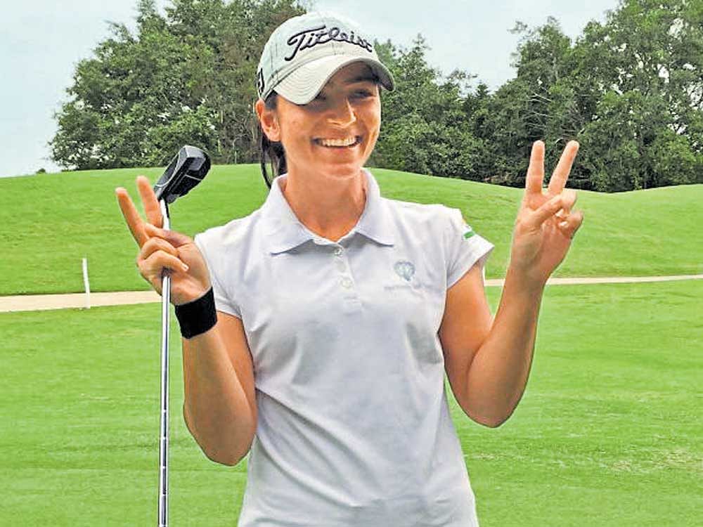 Tvesa Malik celebrates after winning the 7th leg of Women's Pro Golf tour at the Eagleton Golf Resort.