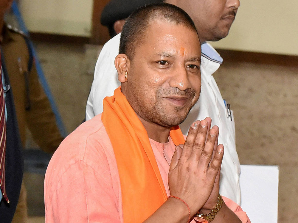 Before the beginning of the ceremony, Adityanath also performed 'guru puja' of his guru and other mahants' of the Temple. PTI file photo.