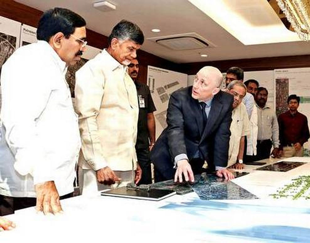 File photo of Norman Foster explaining models to Chief Minister Naidu in Amaravati