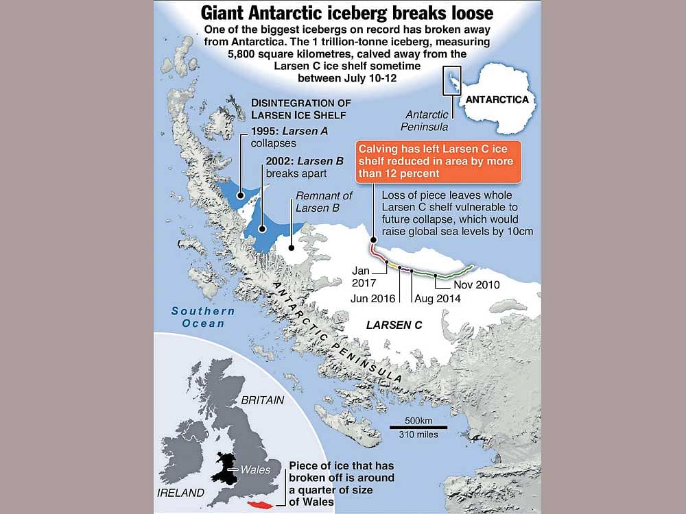 A crack more than 120 miles long in the floating ice shelf called Larsen C has broken away from the Antarctic Peninsula producing one of the largest icebergs ever. The break-up of ice shelves in the peninsula region may be a preview of what is in store for the main part of Antarctica as the world continues heating up as a result of human activity.