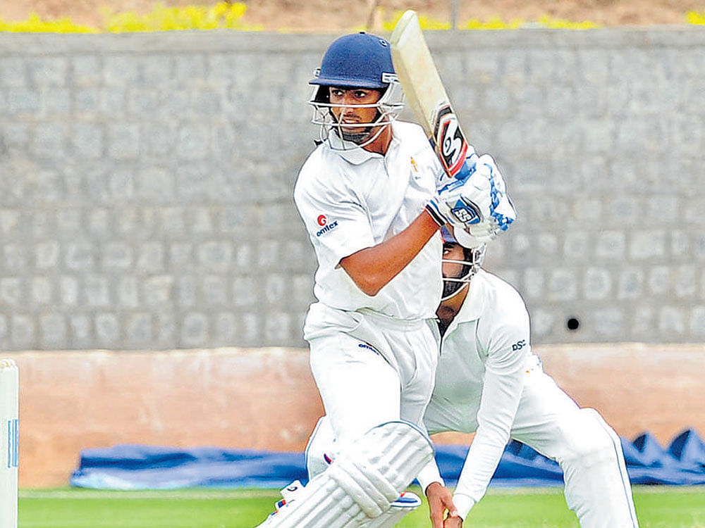 SOLID Sujith N Gowda of Vice-President's XI en route to his 55 against President's XI in Bengaluru on Friday. DH PHOTO