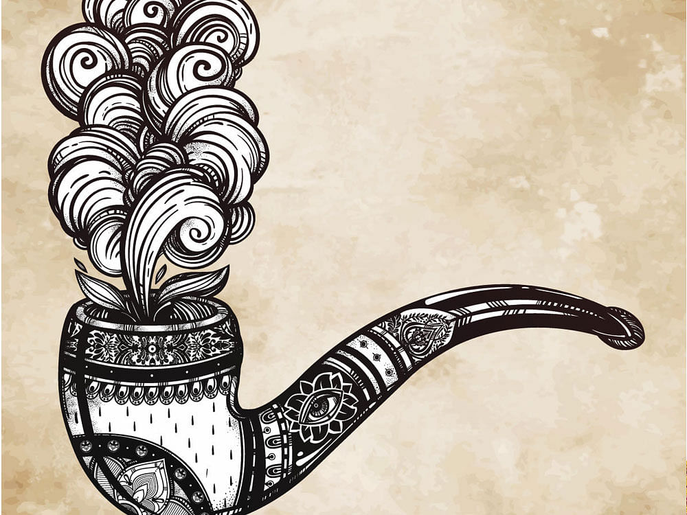 Hand drawn ornate tobacco pipe in vintage style with elegant smoke coming out. Boho, hipster, religion, spirituality, romance, tattoo and print art. Isolated vector illustration.